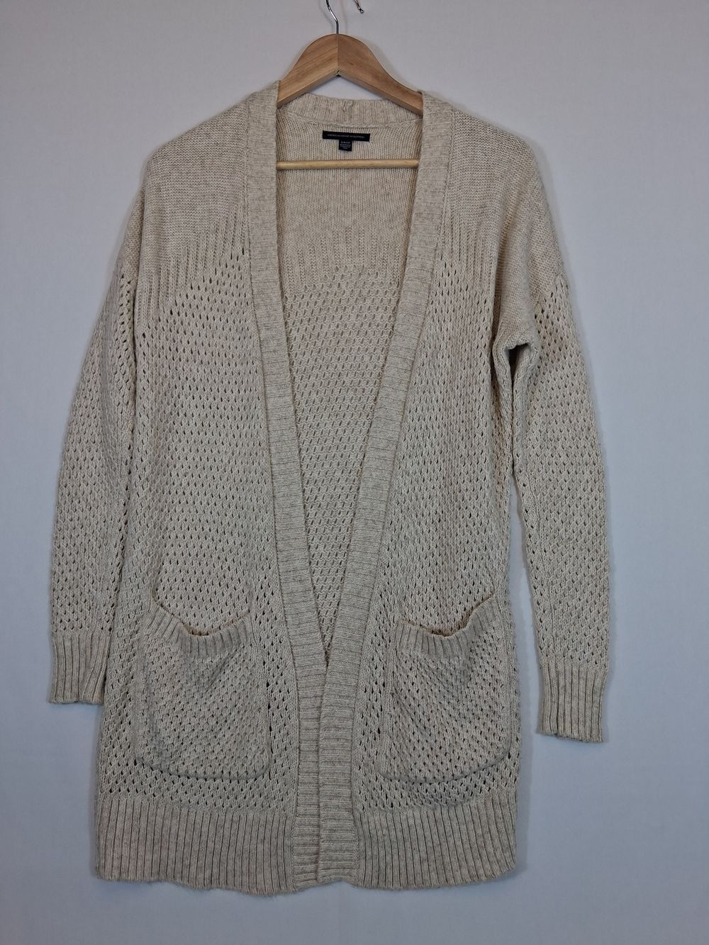 American Eagle Oatmeal Knit Cardigan Open Front Boho Sweater Pockets Sm Preppy - Picture 2 of 8